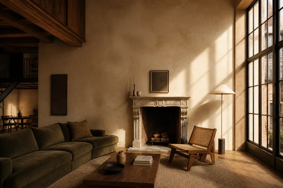 A loft sitting room with a stone fireplace and a long olive sofa.