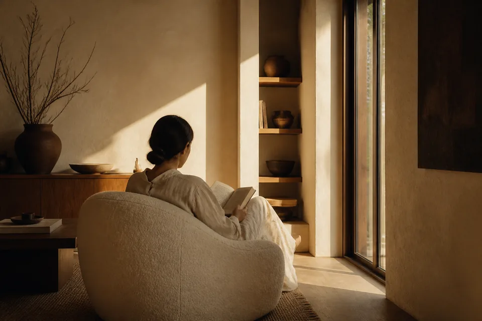Someone reading in a soft armchair beside a tall window, seen from behind.