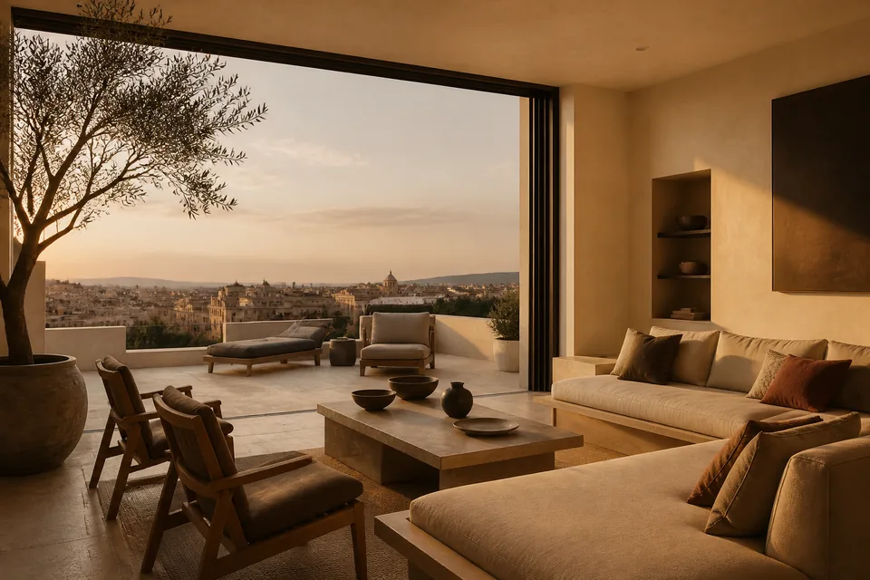 A top-floor sitting room open to the evening sky.