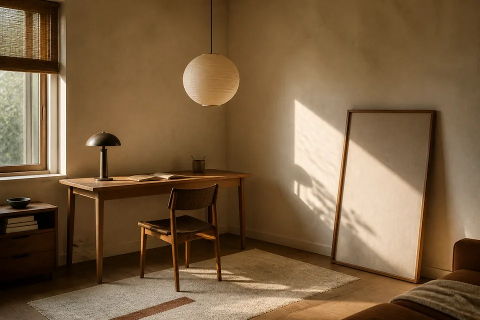 A small studio room with a slim oak desk, paper pendant and wool rug.