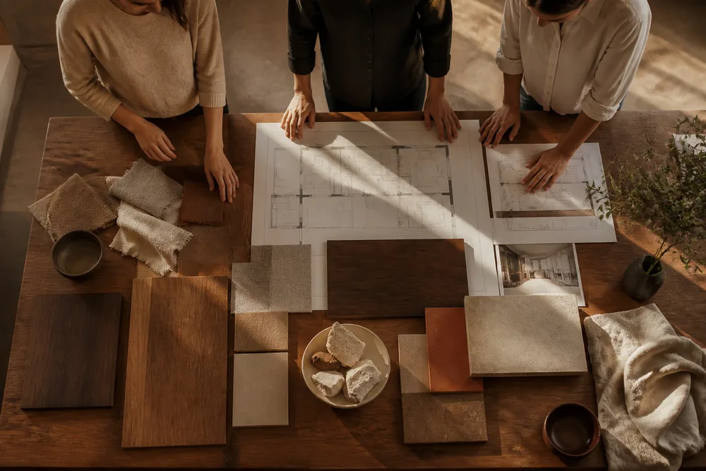 Three designers around a table of plans and material samples in the studio.