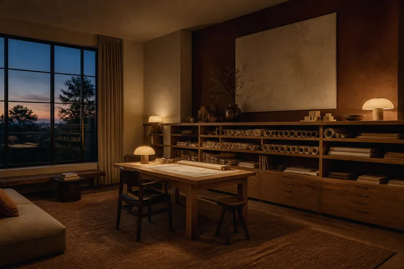 The studio at dusk, oak shelving and two low lamps.