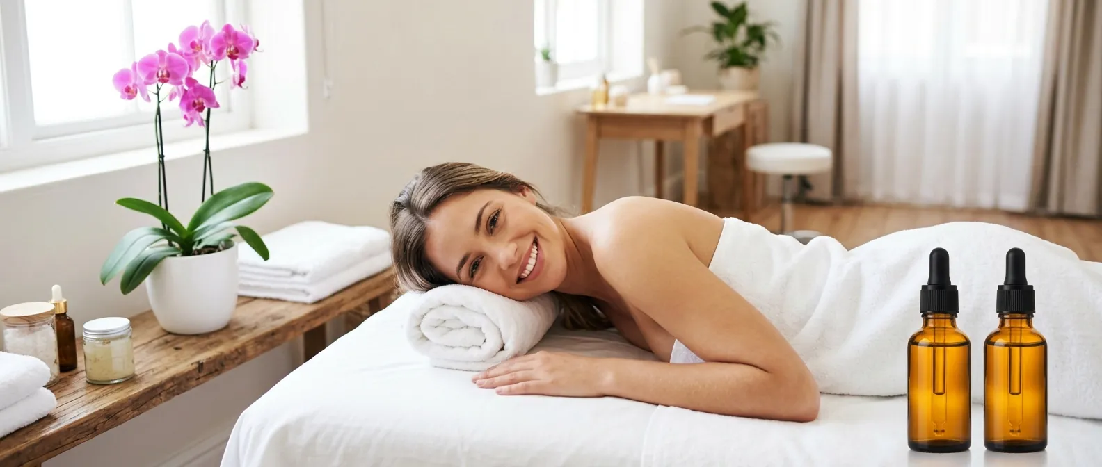 A smiling client resting on a treatment bed beside two serum bottles