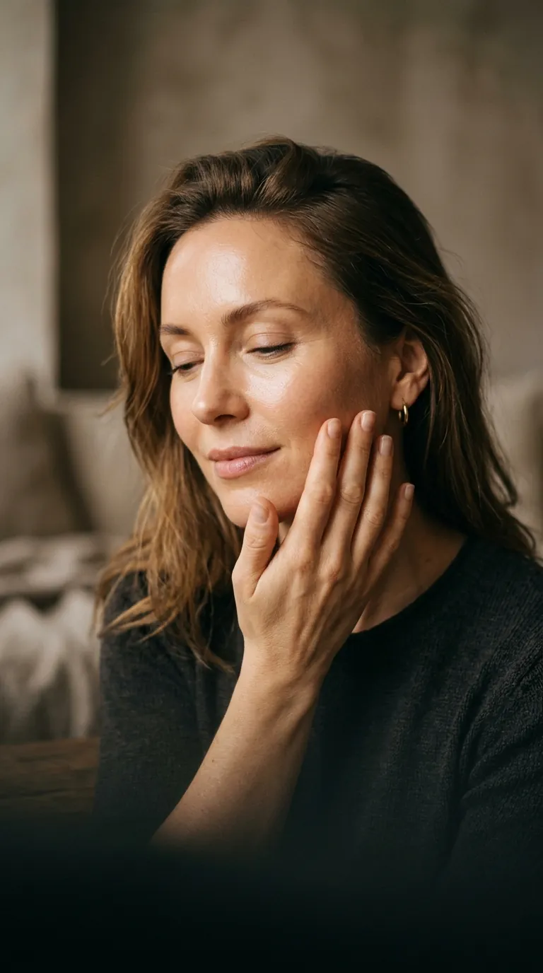Client touching her glowing cheek