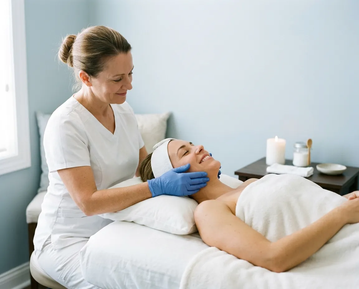 A nurse examining the jawline of a relaxed client