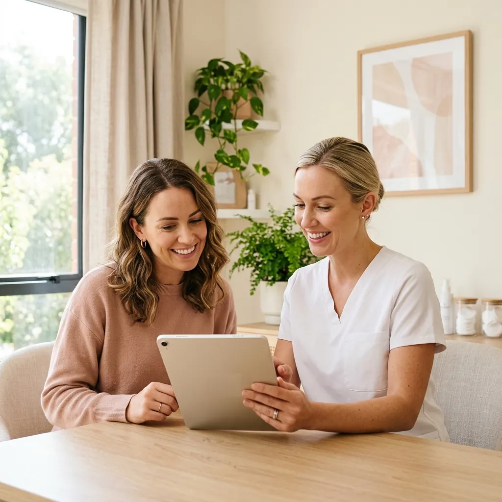 A nurse showing a client her plan on a tablet