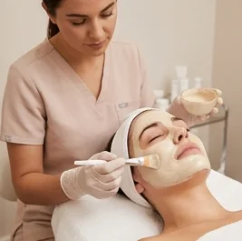 Nurse applying a clay mask with a brush