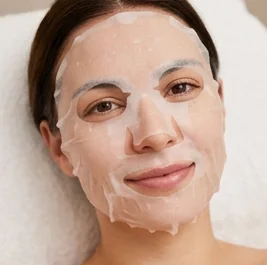 Client smiling under a cooling sheet mask