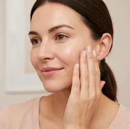 Woman touching her glowing cheek