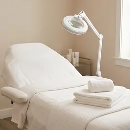 Treatment bed with folded towels
