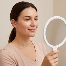 Client smiling into a hand mirror