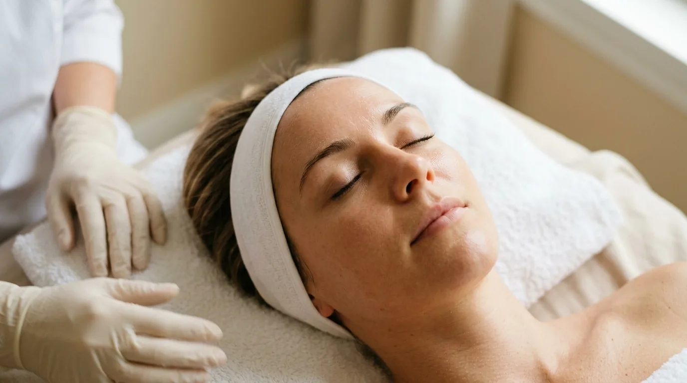Close-up of a relaxed client with eyes closed during a facial treatment
