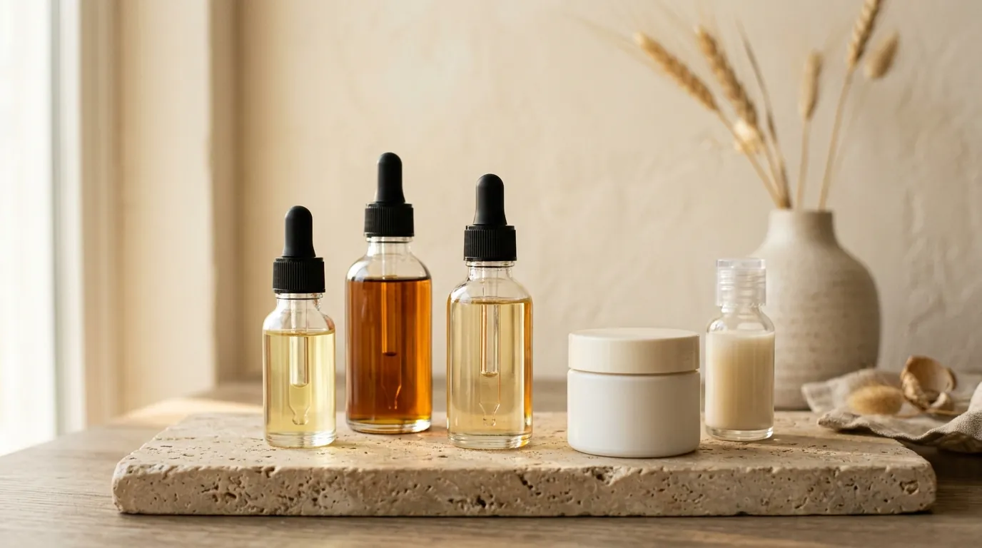 Unlabeled skincare bottles on a stone tray
