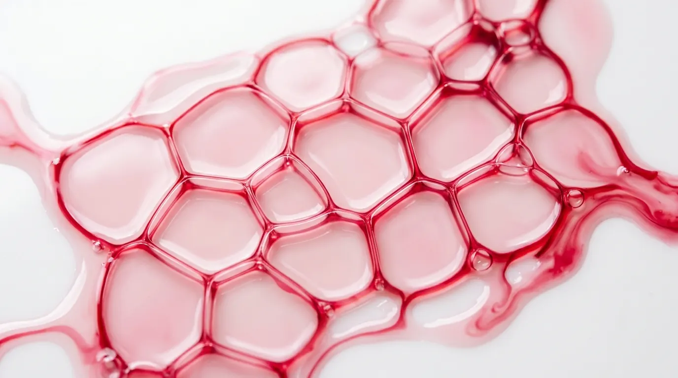 Pale pink and crimson liquid forming a soft lattice