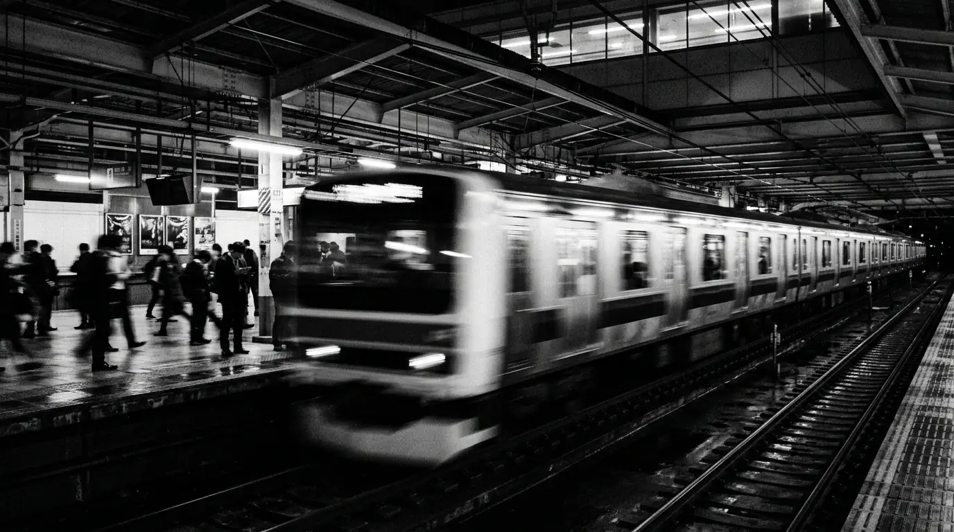 A commuter train rushing through a station in heavy motion blur