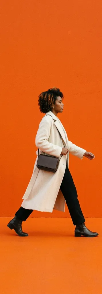 A figure in a cream coat against a vivid orange wall