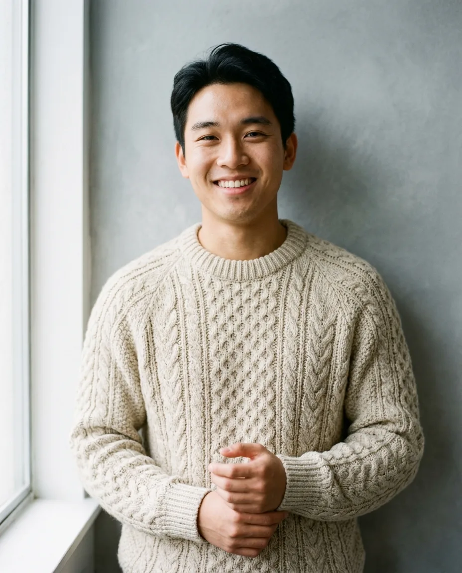 Portrait of a smiling man in an oatmeal cable knit sweater