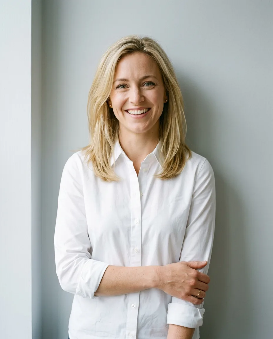 Portrait of a smiling woman in a white cotton shirt