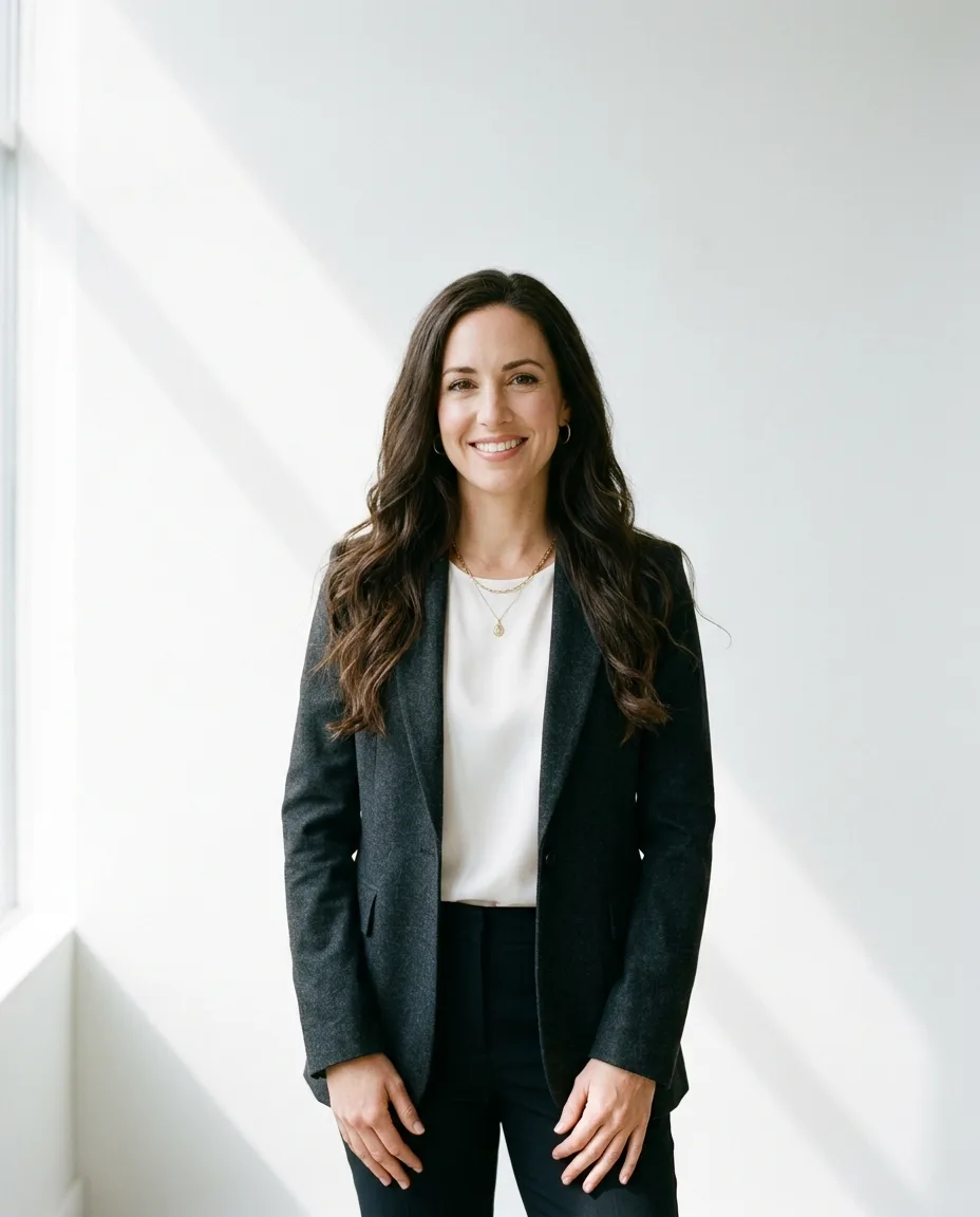 Portrait of a woman in a charcoal blazer against a white wall