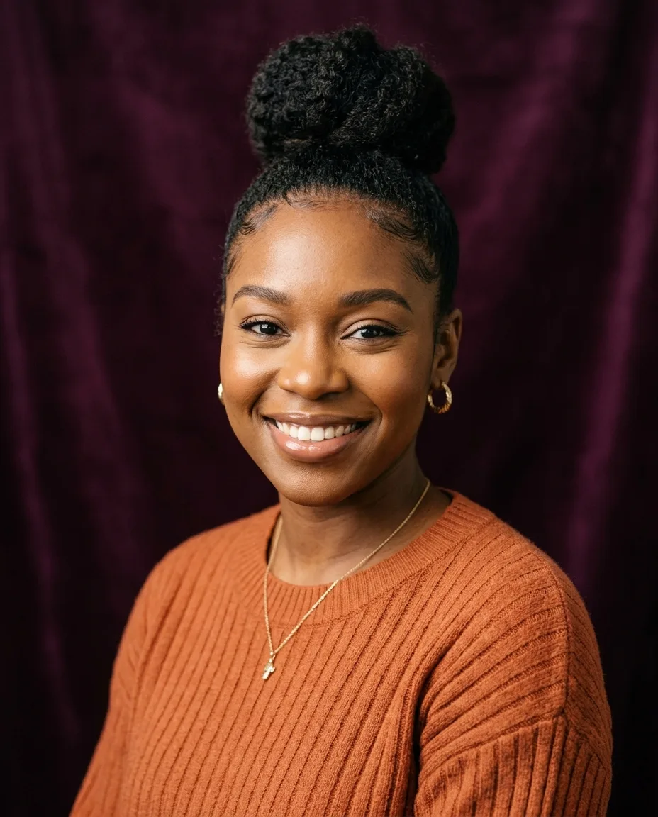 Portrait of a smiling woman in a rust orange sweater against a plum backdrop