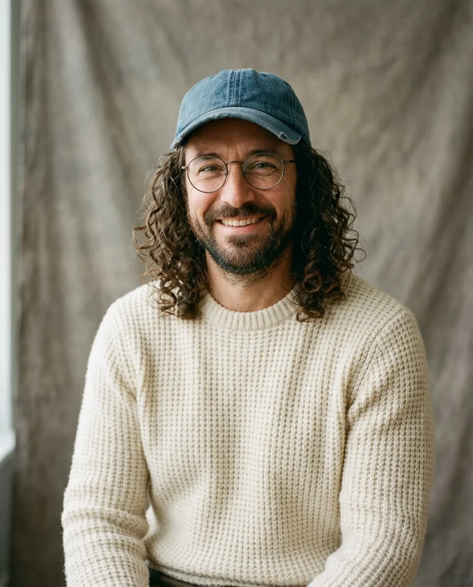Portrait of a smiling man in a denim cap and cream knit sweater