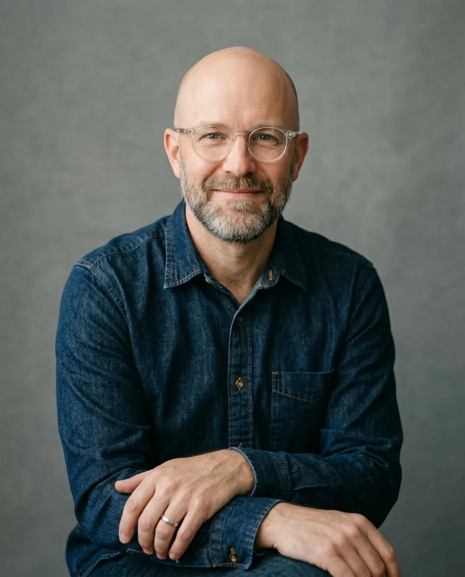Portrait of a calm bearded man in a dark denim shirt