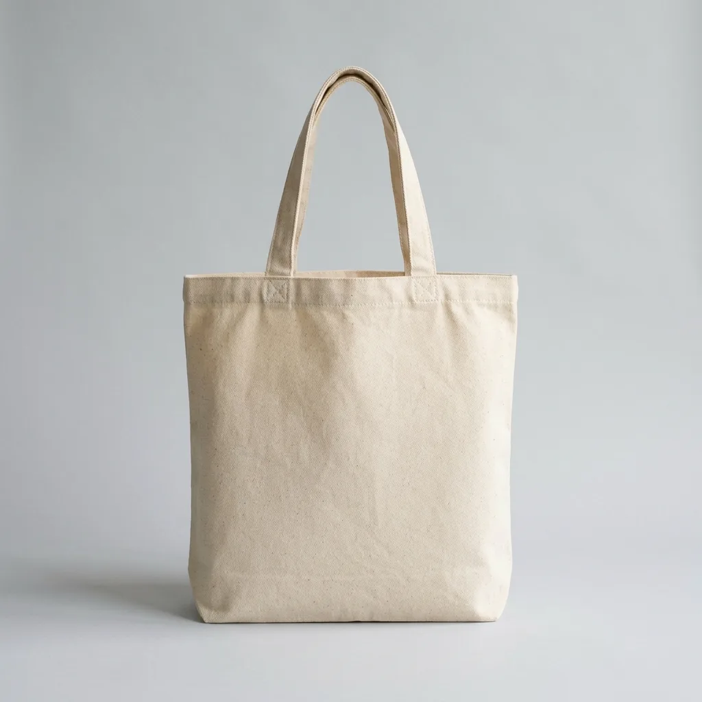 A blank natural canvas tote bag standing on a pale studio backdrop