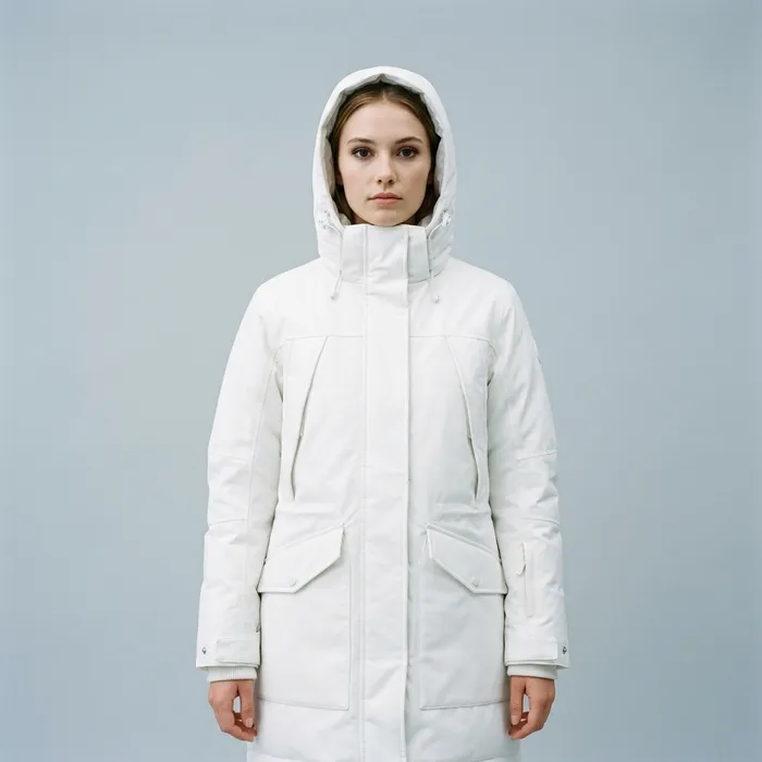 A model in a white technical parka