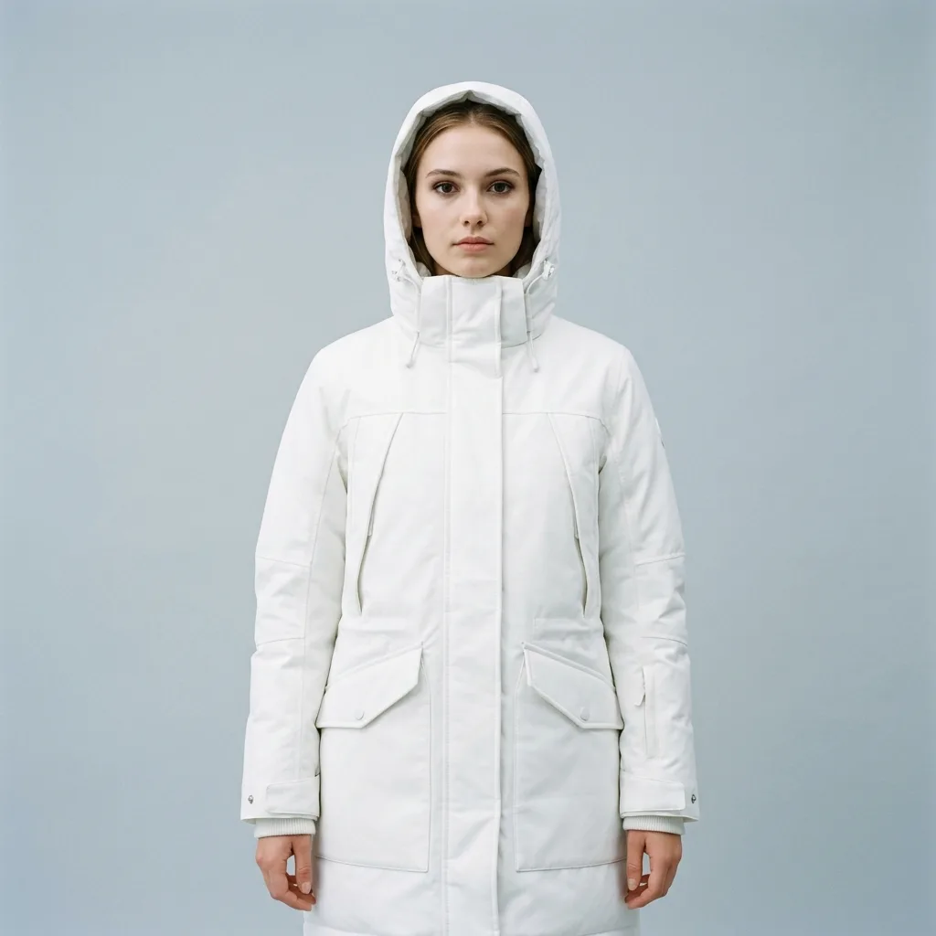 A model in a white technical parka with the hood drawn up
