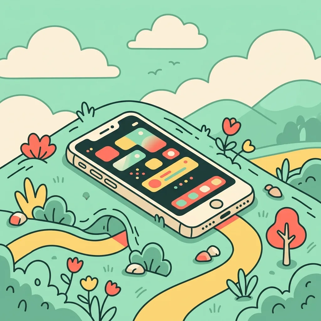 An isometric illustration of a phone resting in a mint green landscape