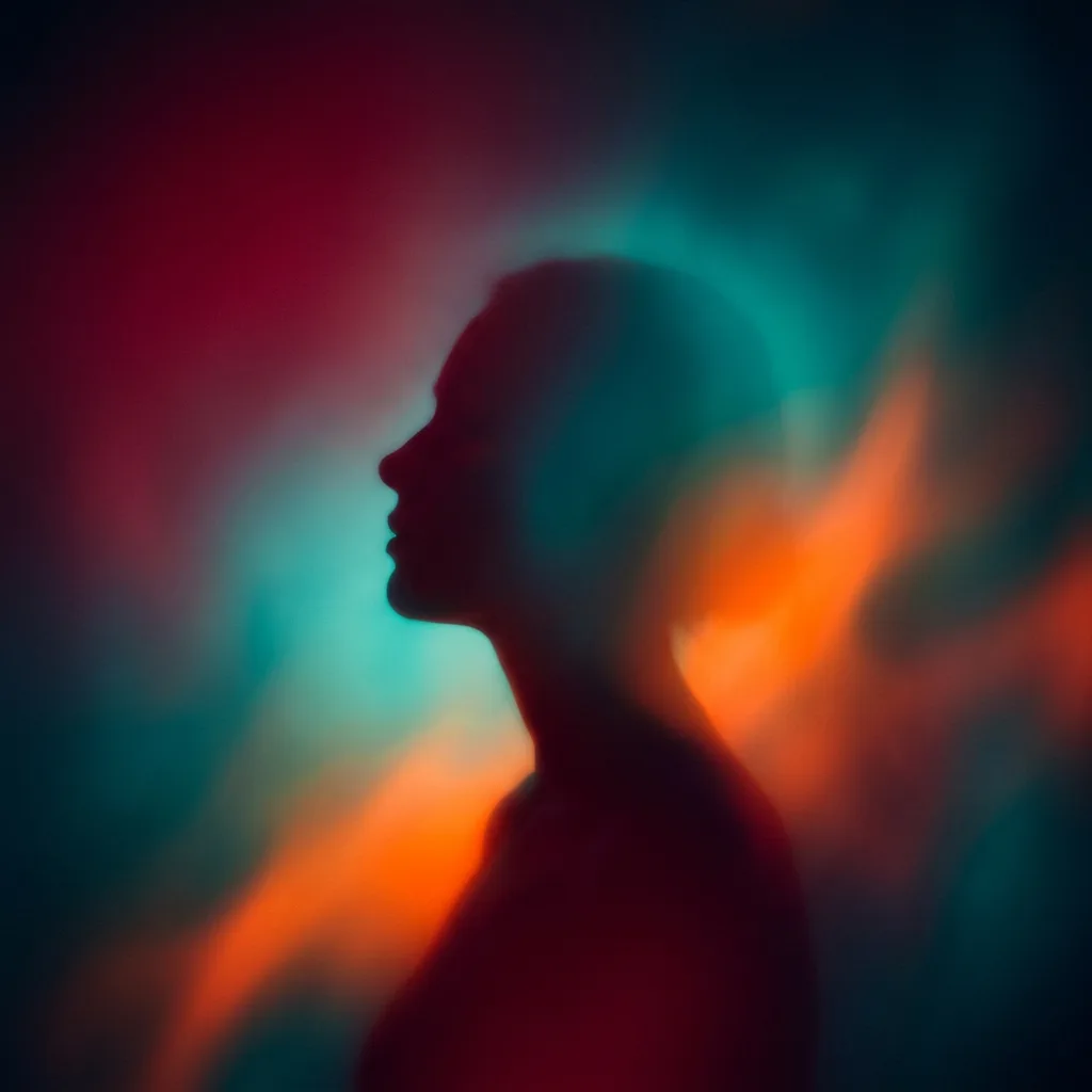 A soft gradient artwork in crimson and teal with a silhouette at the centre