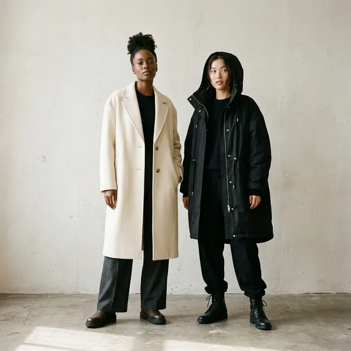 Two models in a cream overcoat and a black coat