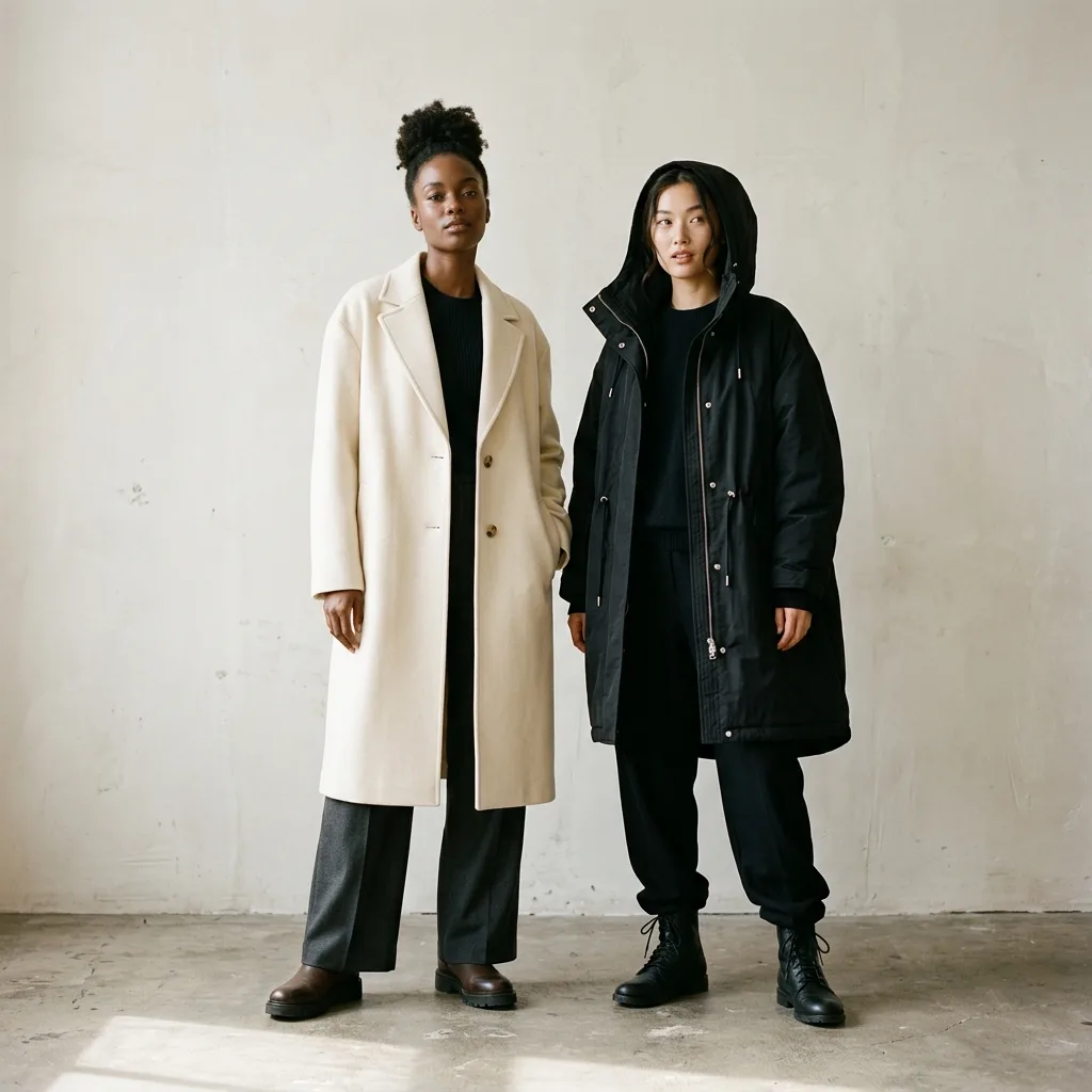 Two models side by side in a cream overcoat and a black hooded coat