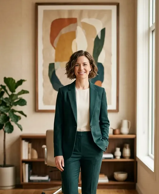 Frances Teale in a dark green suit in a bright office