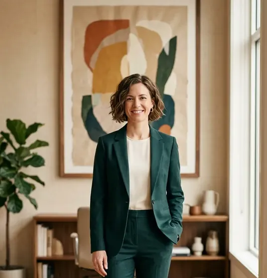 Frances Teale, partner, standing in a bright office in a dark green suit