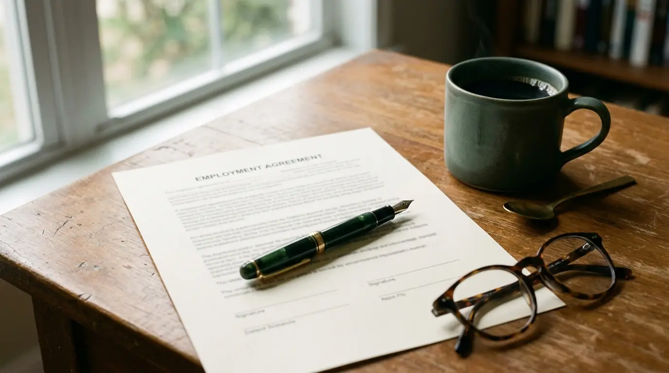 An employment agreement and a fountain pen resting on a desk in window light