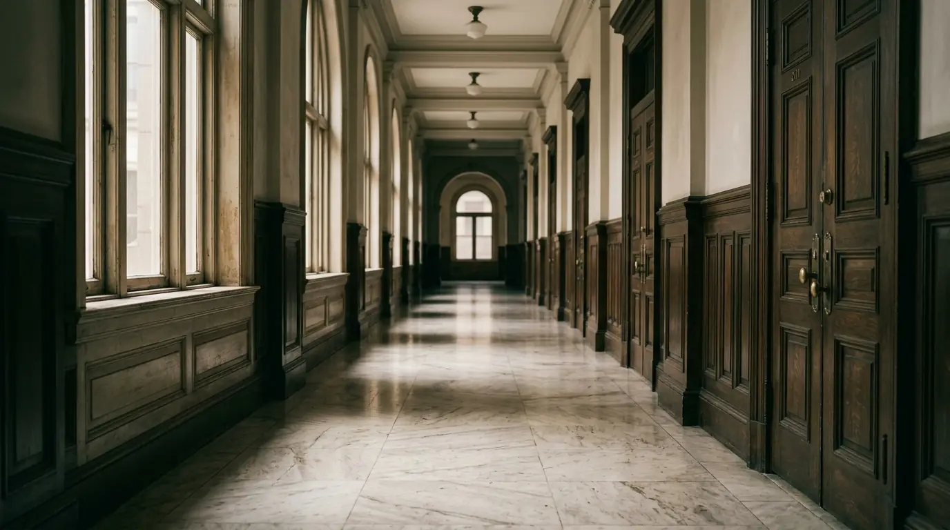 A quiet courthouse corridor with marble floors and soft window light