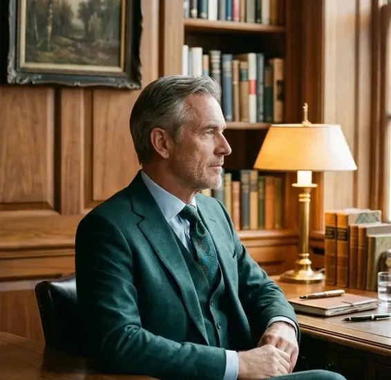 An attorney seated at a walnut desk in a lamplit, book-lined office