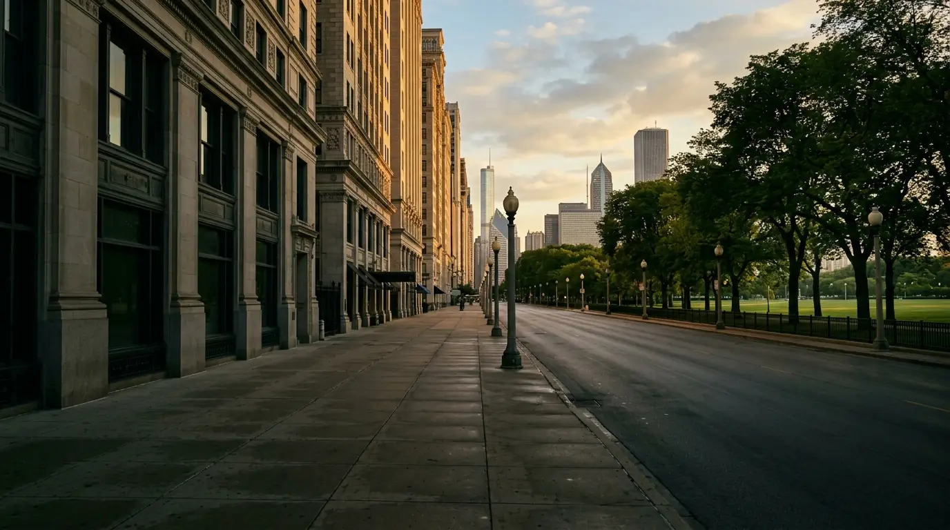 A tree-lined avenue beside a park at golden hour