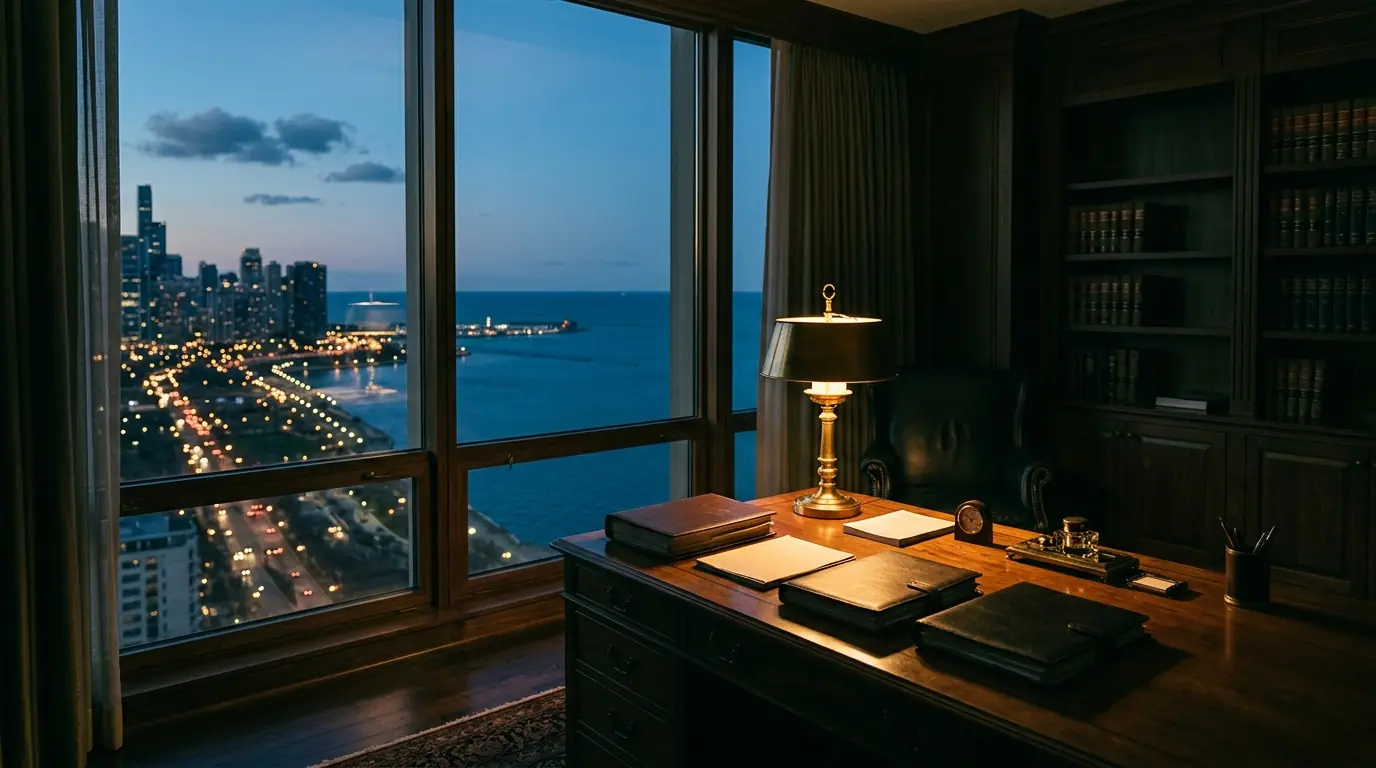 A quiet law office at dusk with a window over the lake