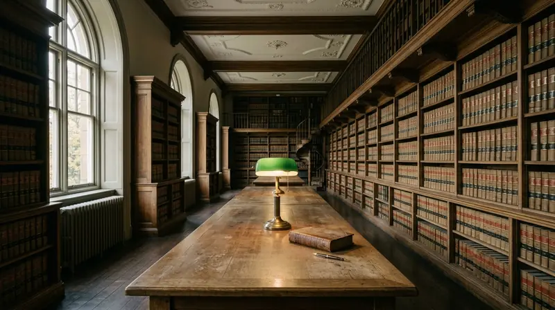 A law library reading room with a green shaded lamp on an oak table