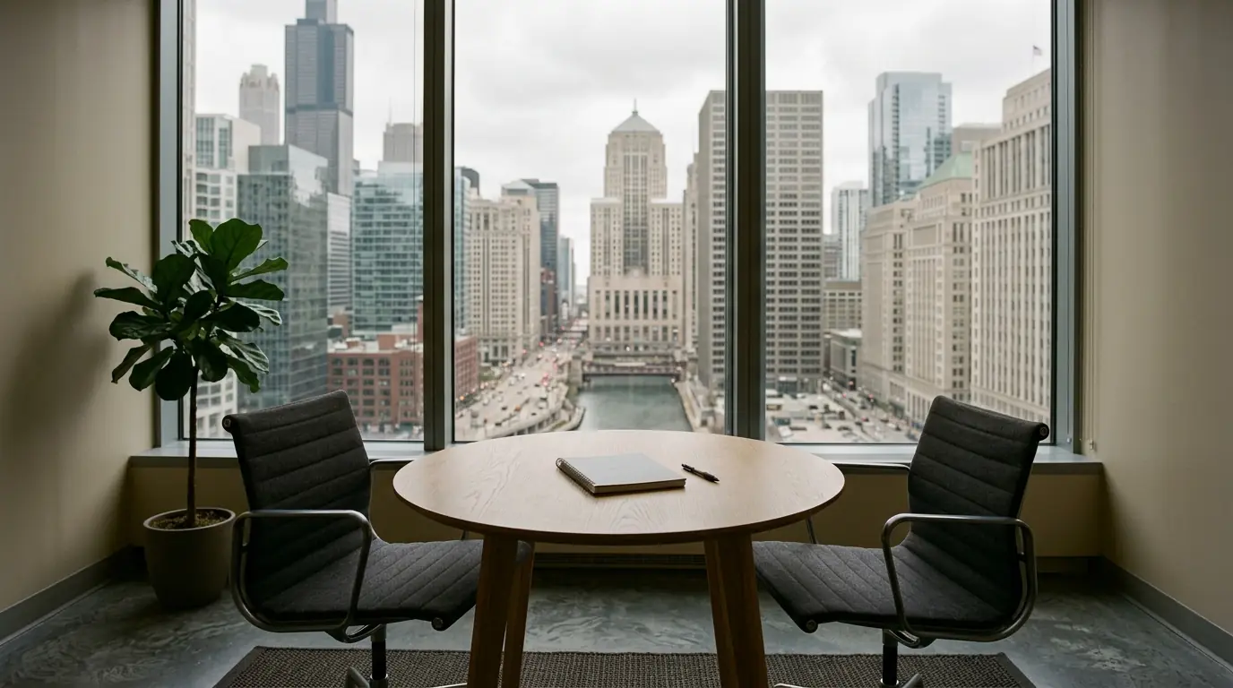 A small office meeting table by a window over the city