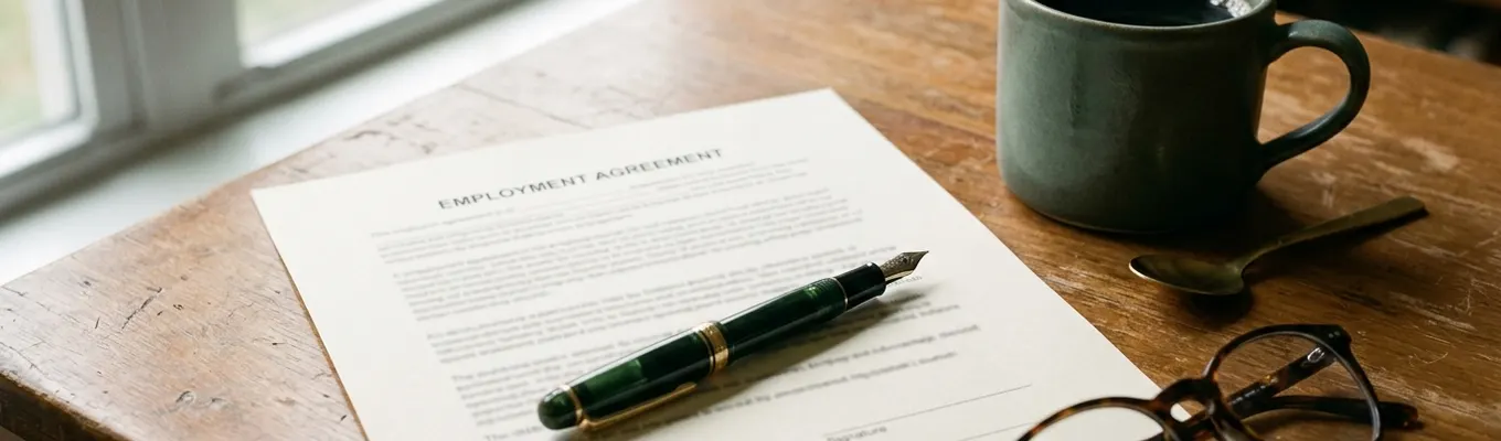 An employment agreement and a fountain pen on a desk in window light