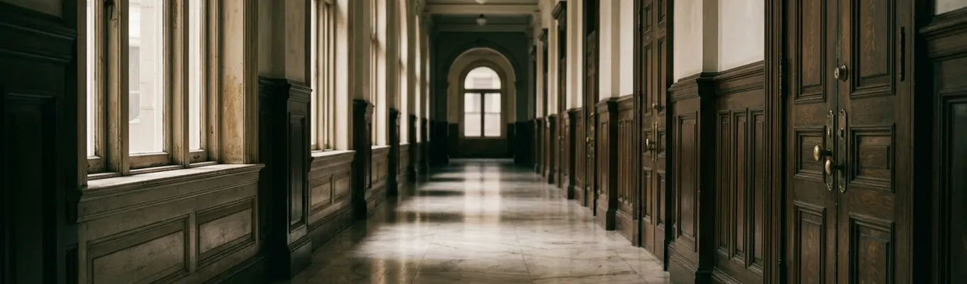 A quiet courthouse corridor with marble floors and tall wooden doors