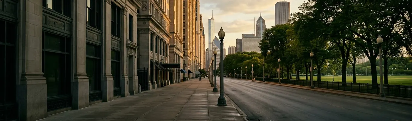 A tree-lined avenue beside a park at golden hour