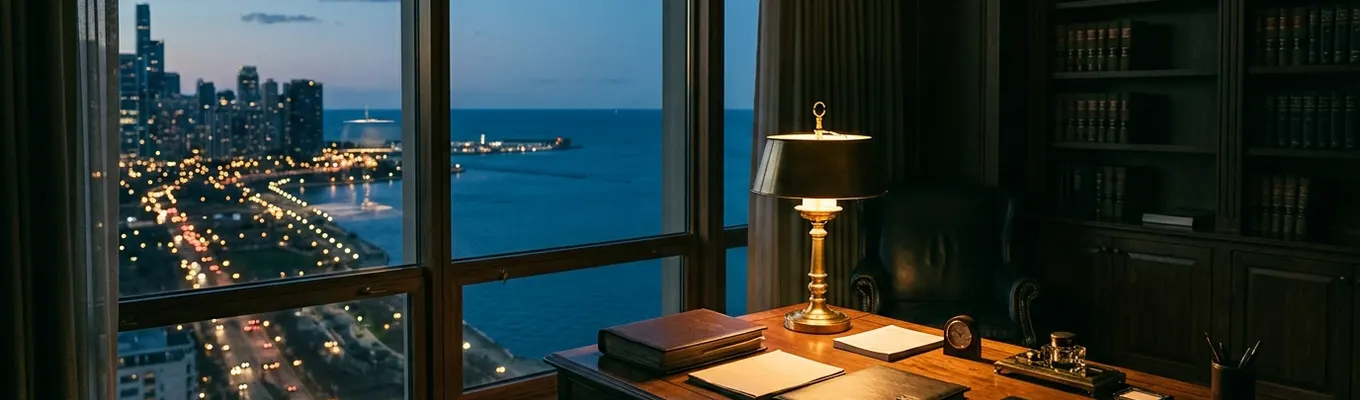 A quiet office at dusk with a window over the lake