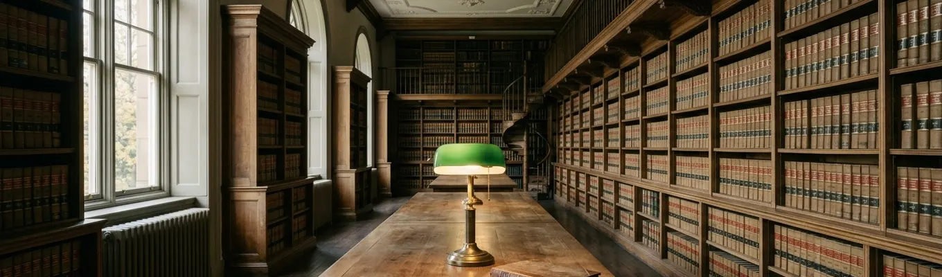 A law library reading room with a green shaded lamp on an oak table