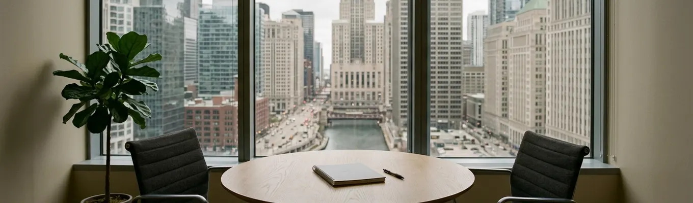 A small office meeting table by a window over the city