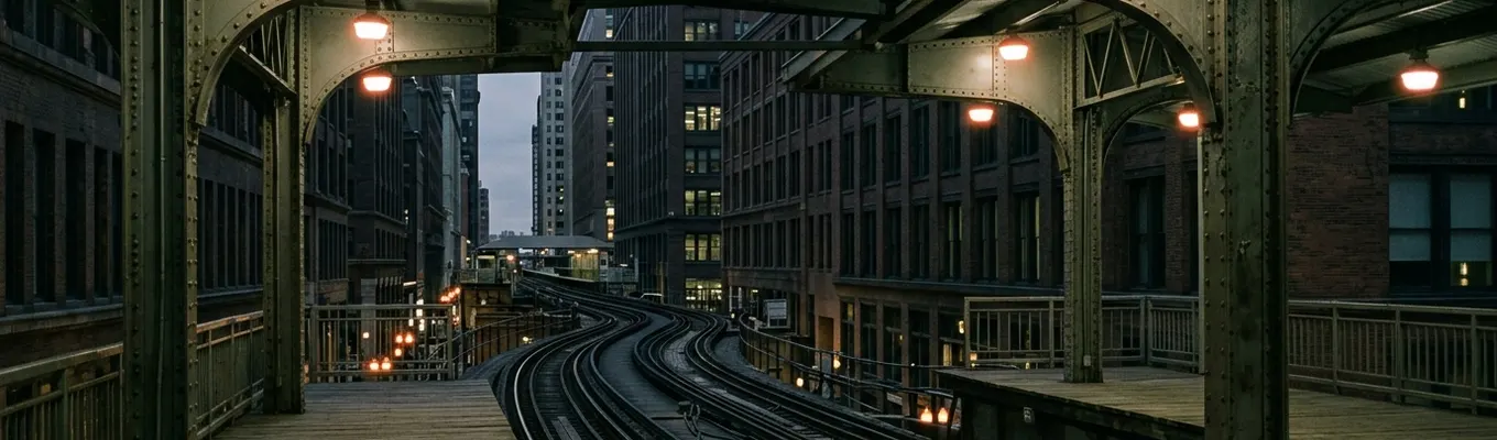 An empty elevated train platform at dusk