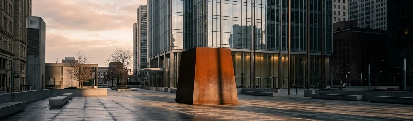 An empty civic plaza in early morning light